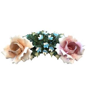 Vintage Nuova Capodimonte Ceramic Porcelain Roses Candle Holder Made In Italy